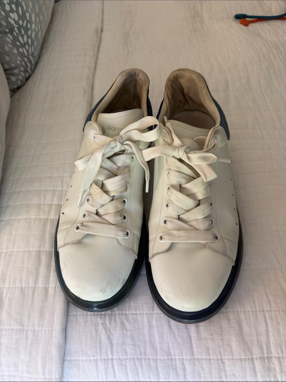 Alexander McQueen White Leather Sneakers with Black Sole and Navy Heel Tab